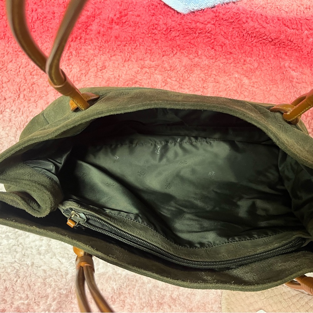 Ralph Lauren Olive Green Suede Tote with Tan Leather Handles - Picture 7 of 7